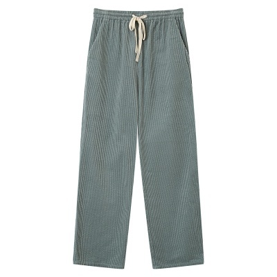 Calças compridas de malha canelada azul esverdeado com cordão branco