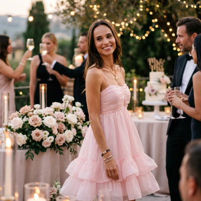 Mulher com vestido rosa claro de festa com alças finas, ambiente exterior decorado com flores e velas