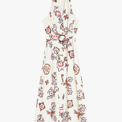 Vestido comprido branco com padrão floral e cinto com fivela