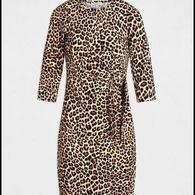 vestido animal print castanho e preto com mangas 3/4 e laço na cintura