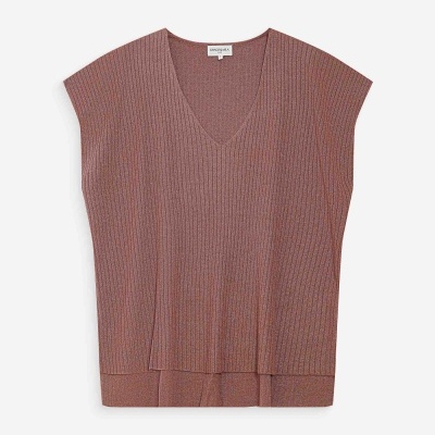 Camisola de malha canelada castanha com brilho e decote em V