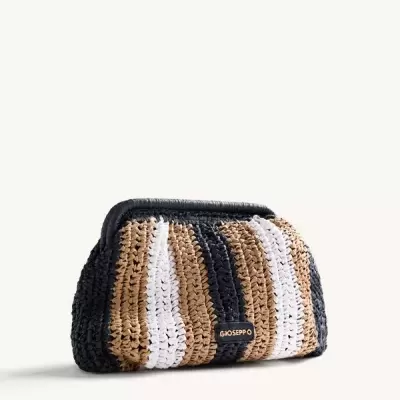 Bolsa de mão trançada com riscas verticais em preto, castanho e branco da marca GIOSEPPO