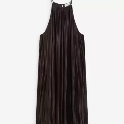 Vestido midi preto plissado com alças finas