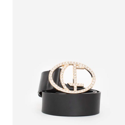 Cinto negro de pele com fivela oval dourada brilhante DG