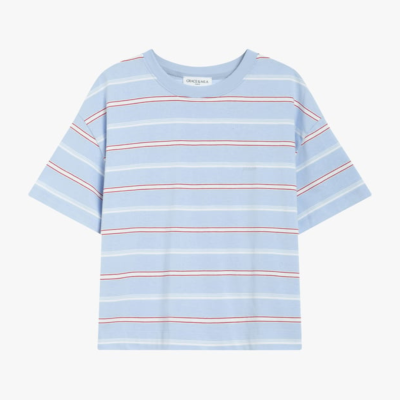T-shirt azul clara às riscas vermelhas e brancas