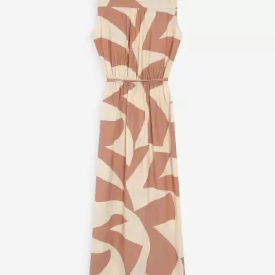 Vestido comprido sem mangas bege e castanho com padrão abstrato
