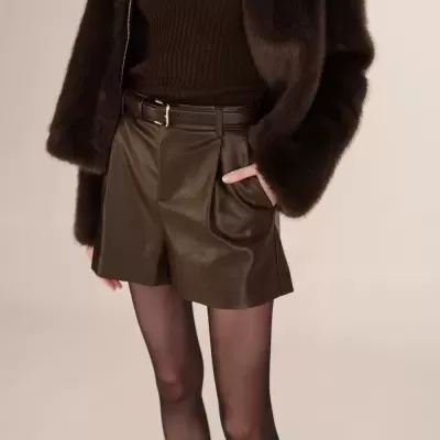 Calções de pele castanho escuro com cinto, camisola de malha castanha, casaco de pelo castanho e meias pretas transparentes