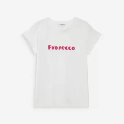 T-shirt branca com texto vermelho Prosecco