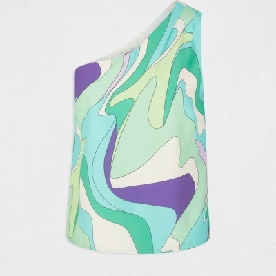 Top de ombro único com padrão abstrato em várias cores