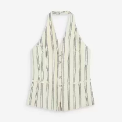 Top corselet bege com riscas pretas e botões frontais