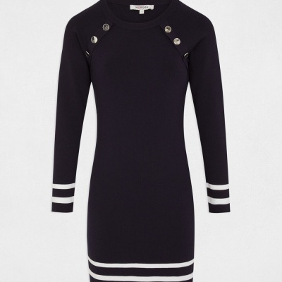 Vestido azul escuro de malha com botões e riscas brancas