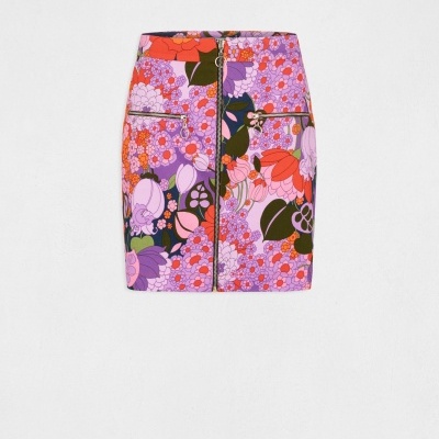 Mini saia floral colorida com fecho zip e bolsos