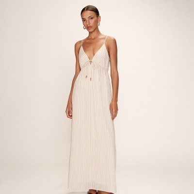 Vestido comprido listrado branco e bege com alças finas