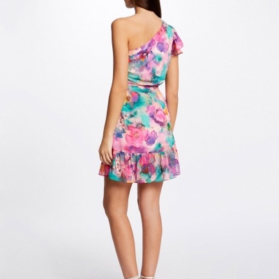 Vestido feminino floral colorido de um ombro só com babado na barra