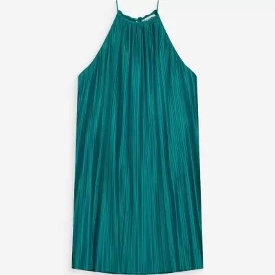 Vestido verde-azulado plissado com alças finas