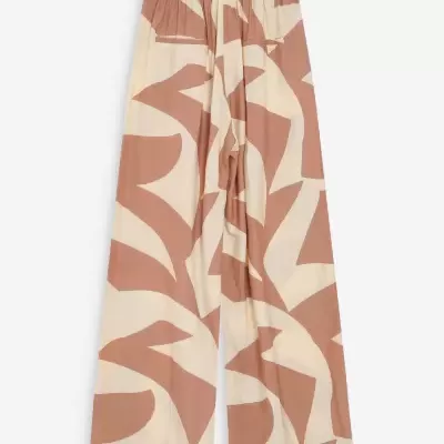 Calças largas com padrão abstrato bege e castanho claro