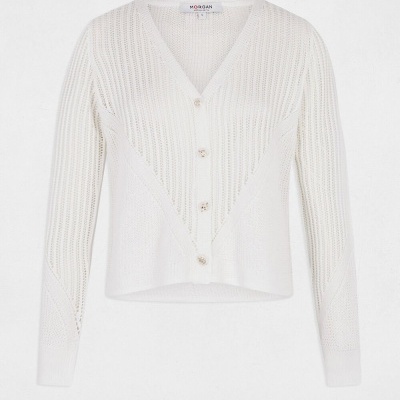 Camisola de malha branca Morgan com botões frontais e padrão em V