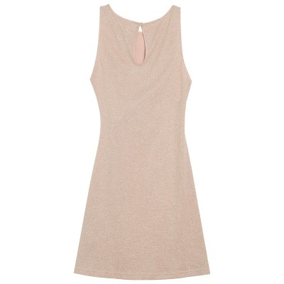Vestido feminino bege brilhante com abertura em gota nas costas