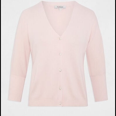Cardigã rosa claro com botões e decote em V