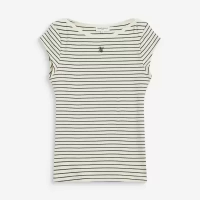 T-shirt às riscas brancas e pretas de manga curta com logo bordado