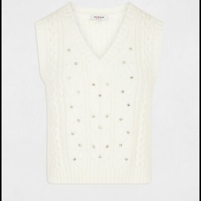 Camisola sem mangas branca com decote em V e pérolas decorativas