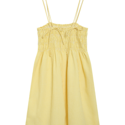 Vestido amarelo claro com padrão xadrez e alças finas duplas