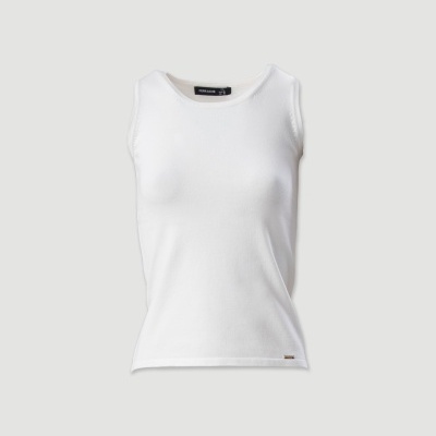 Top branco sem mangas em tecido canelado com gola redonda