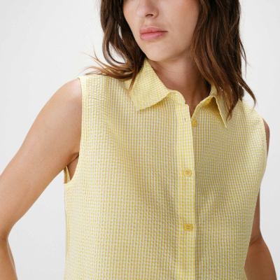 Blusa mulher amarelo xadrez sem mangas com botões e colarinho