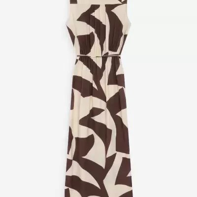 Vestido comprido castanho e creme com padrão abstrato