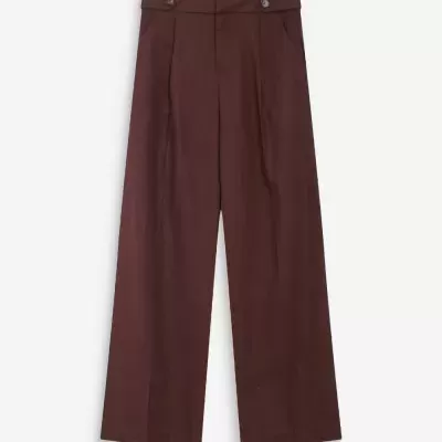 Calças largas de tecido castanho escuro com botões na cintura