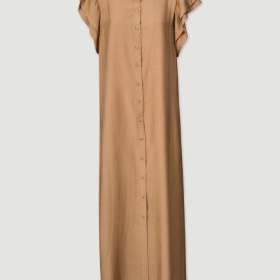 Vestido longo castanho claro com botões e mangas folhadas