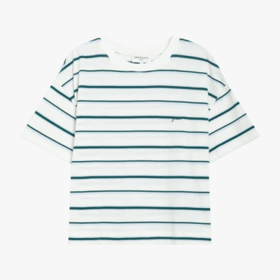 T-shirt branca riscas verdes escuras
