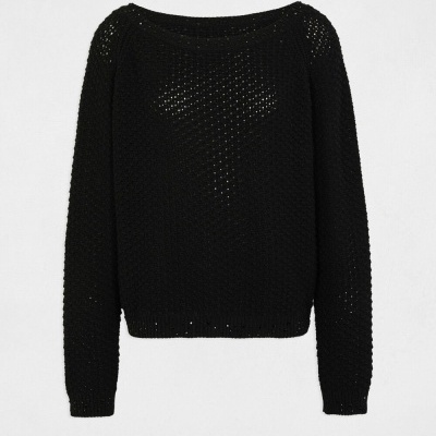 Camisola preta de malha aberta com mangas compridas