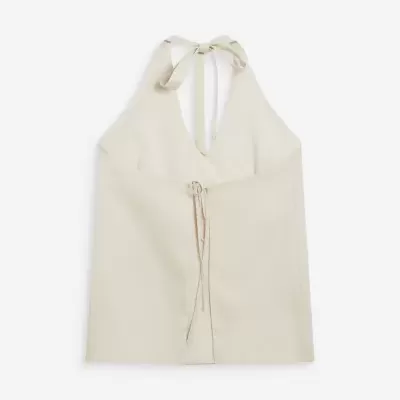 Top feminino bege claro com decote em V e amarrações