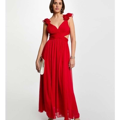 Vestido longo vermelho com alças de babado e recortes na cintura