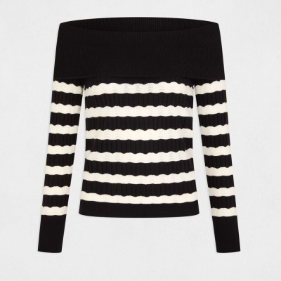 Camisola feminina de malha às riscas preto e branco com gola larga preta
