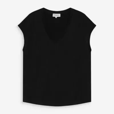 Camisola preta sem mangas com decote em V e etiqueta GRACE & MILA PARIS.