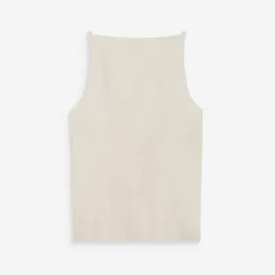 Top feminino bege claro sem mangas com costuras verticais