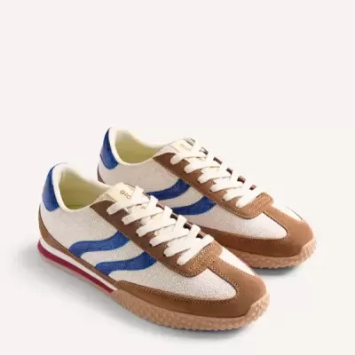 Sapatilhas desportivas bege com detalhes castanhos e riscas azuis