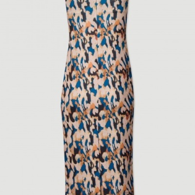 Vestido justo com padrão abstrato em bege, azul, castanho e preto