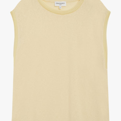 T-shirt amarela claro sem mangas com gola redonda e detalhes bordados