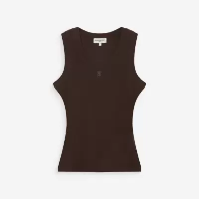 Camisola castanha escura sem mangas com decote redondo e logo bordado.