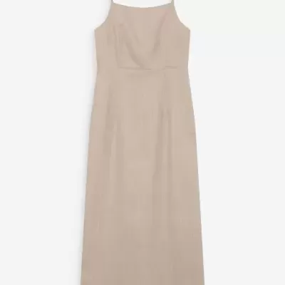 Vestido comprido bege de alças finas com textura riscada