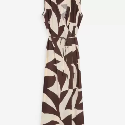 Vestido comprido sem mangas creme e castanho com padrão abstrato