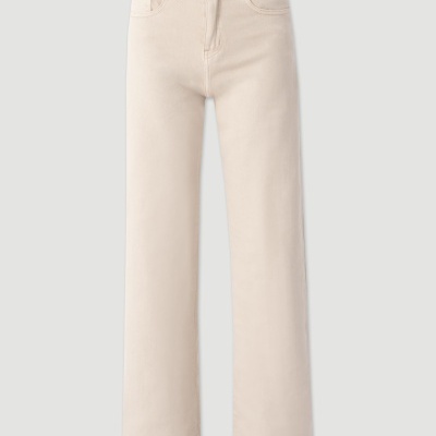 Calças bege claro com corte reto e bolso tríplice