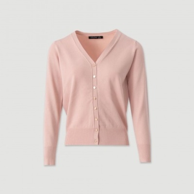 Cardigan rosa claro feminino com botões perolados