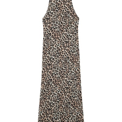 Vestido comprido sem mangas com padrão animal print castanho e preto
