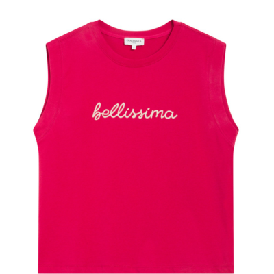 Camisola rosa sem mangas com a palavra bellissima bordada na frente