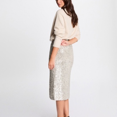 Mulher com saia lápis prateada, camisola creme e sapatos pretos de salto alto em fundo branco