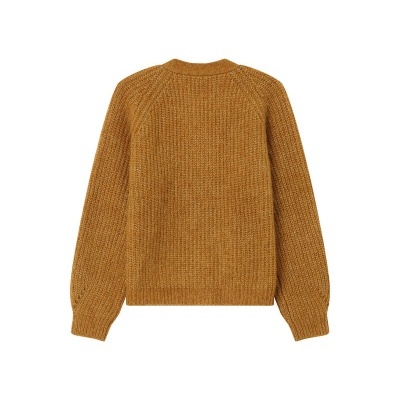 Camisola castanha em malha grossa com manga comprida e gola redonda